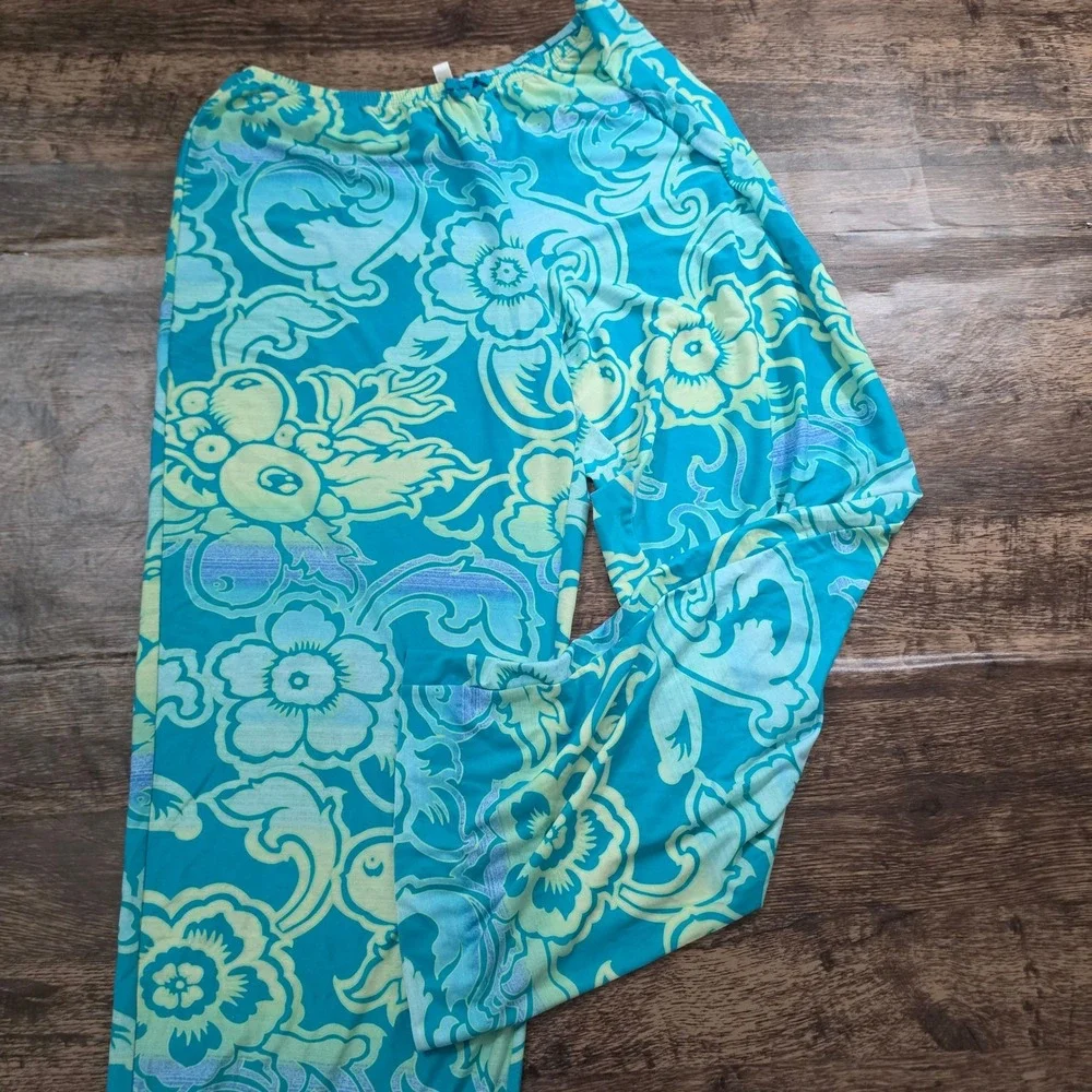 AMBRIELLE Pajama Set Women M/L Teal Floral Robe Top Pants 3pc Loungewear